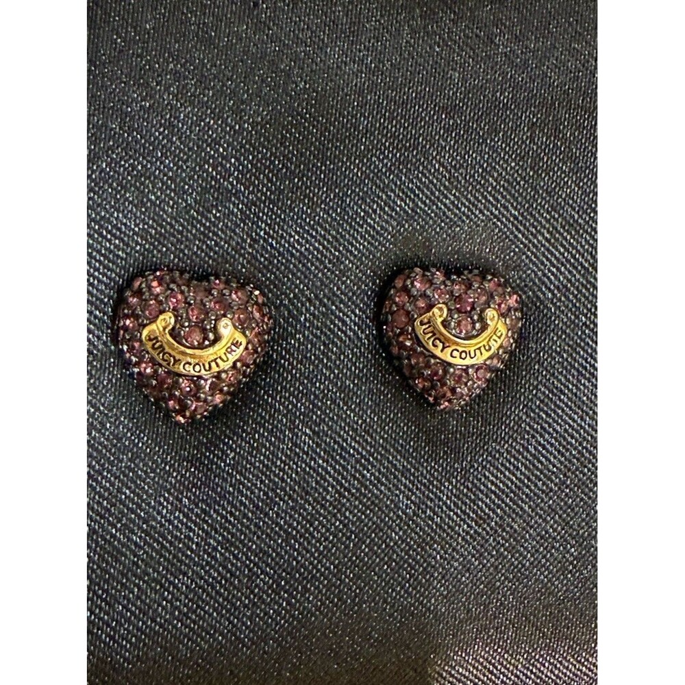 Juicy Couture Logo‎ Heart Pink Crystal Rhinestone Stud Earrings Gold Tone